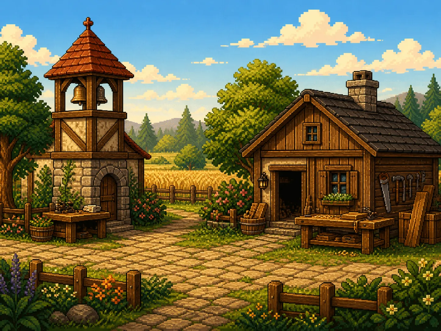 Fields of Mistria Woodcrafting Crafting Station in Town beside a bell tower and carpenter's shop