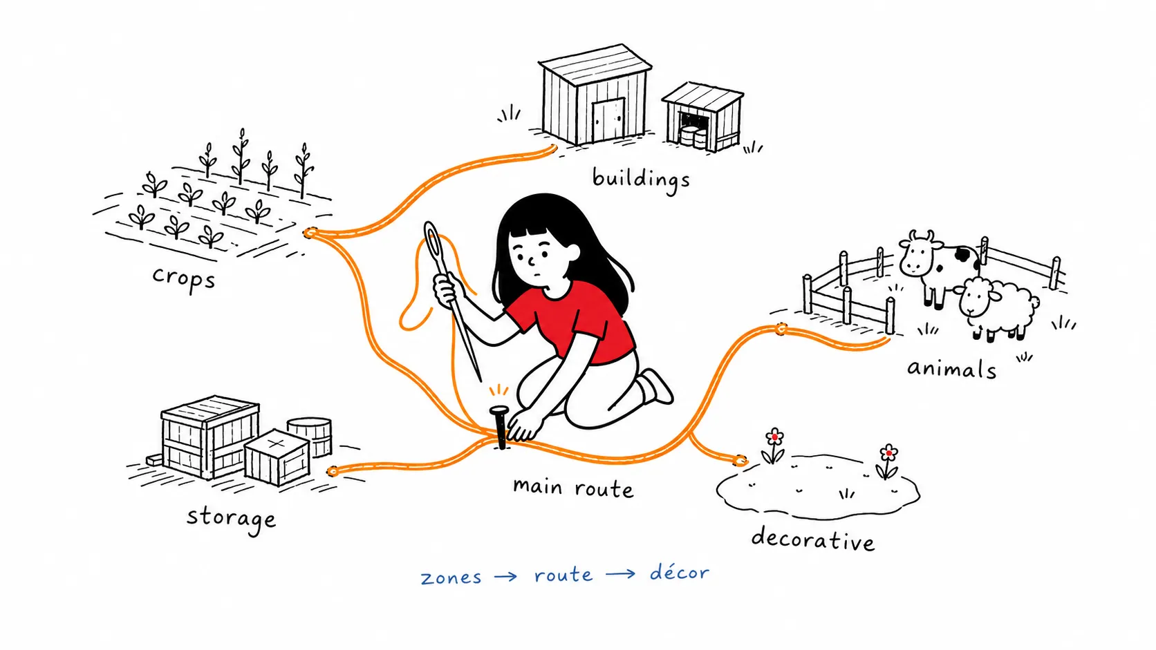 Farm layout zoning concept: five farm zones + one main route（农场五区 + 主路的分区概念）