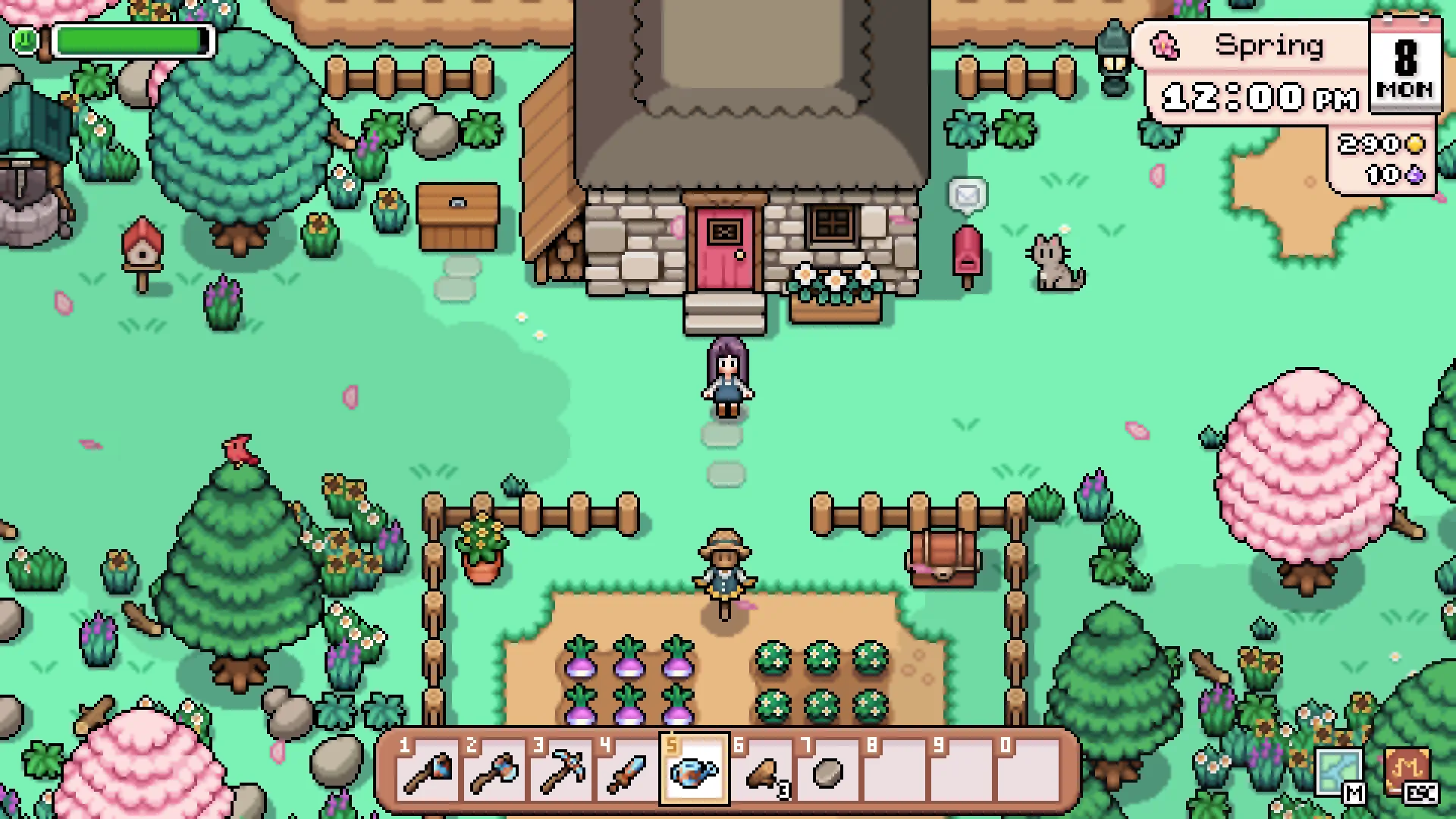Fields of Mistria farm overview showing crops, buildings, animals, and paths