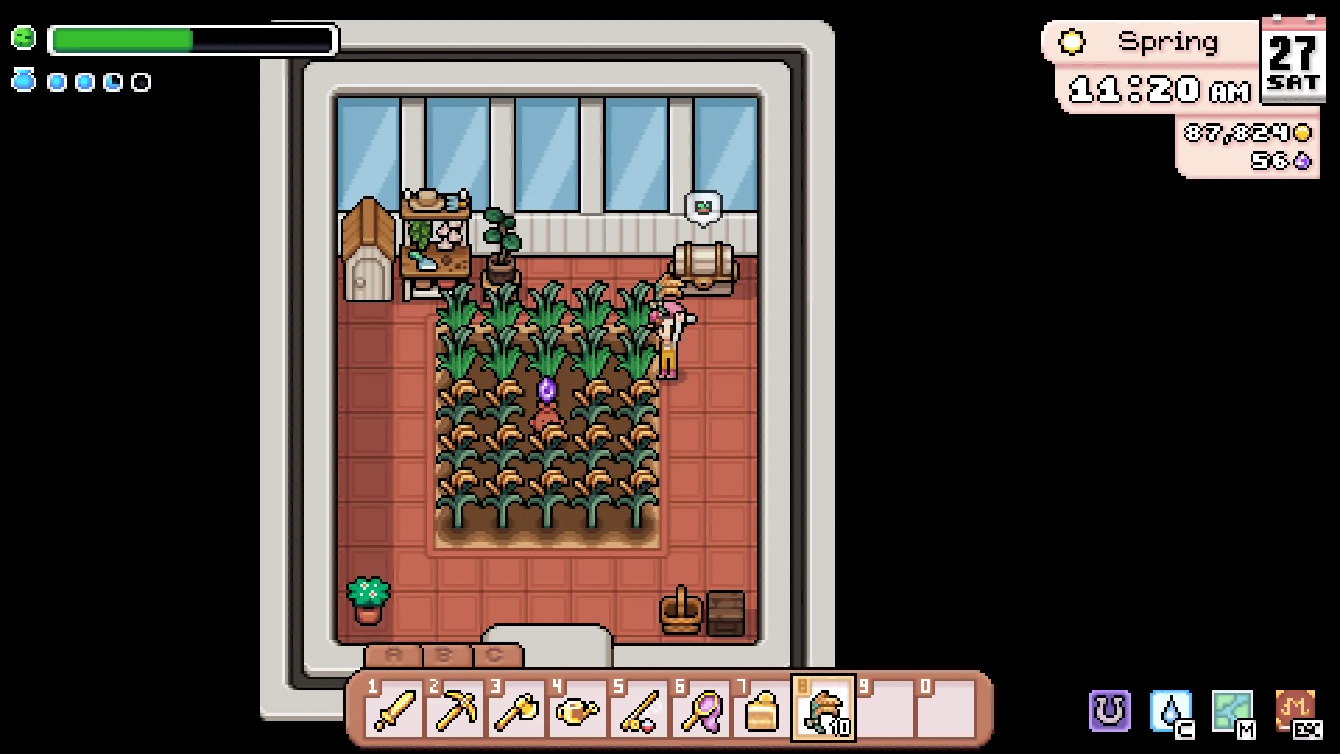 Fields of Mistria greenhouse interior with organized crop beds and a central path