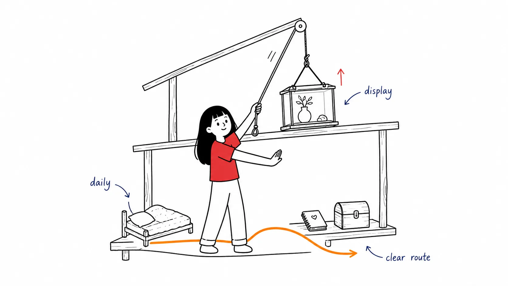 House planning method separating daily tools downstairs from display items upstairs