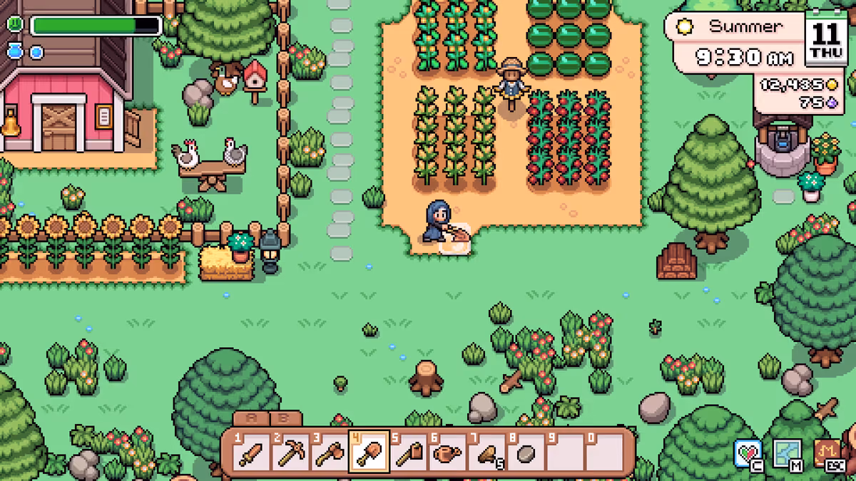 Official Fields of Mistria screenshot showing a spring farm with crops and paths