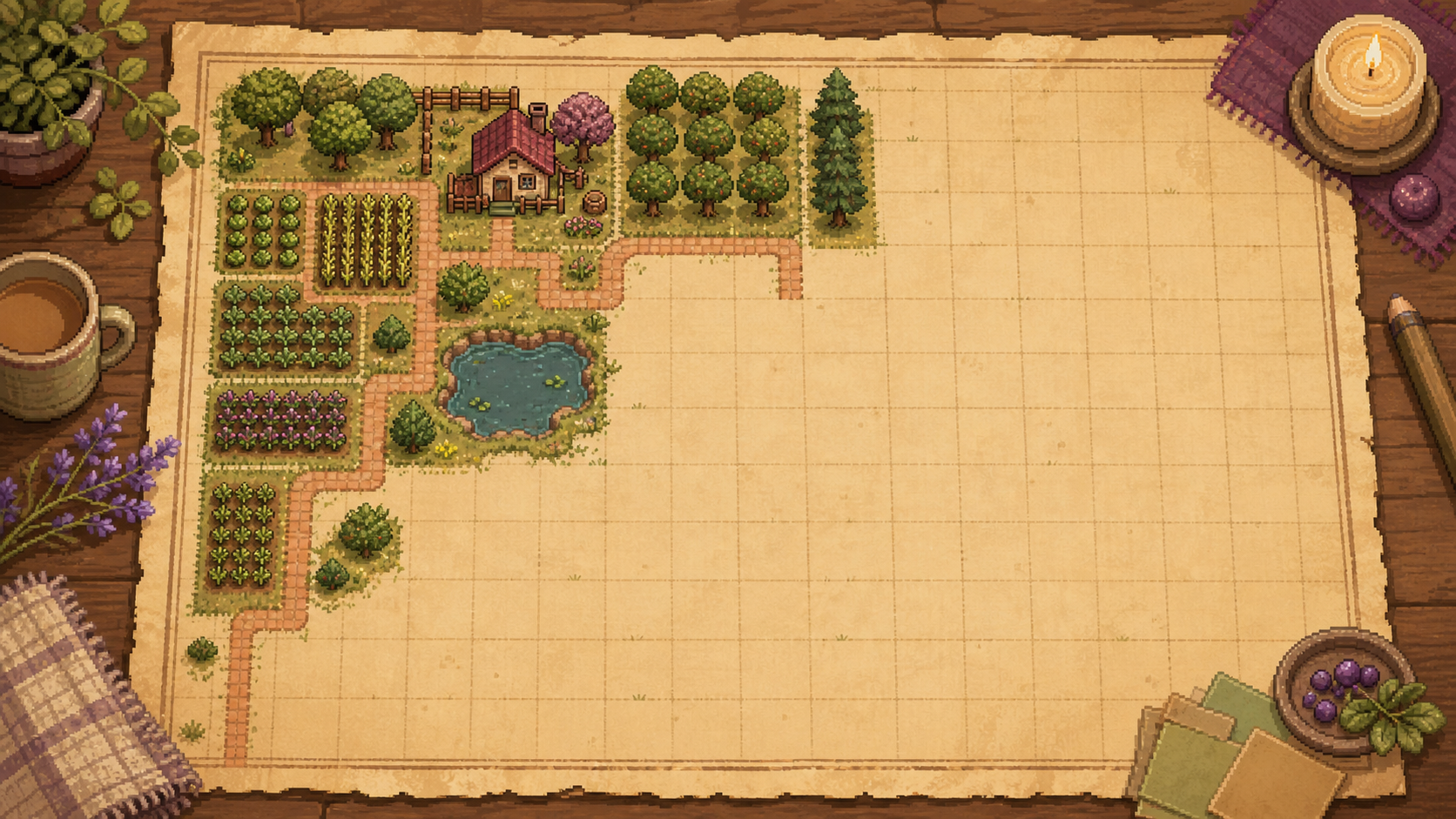 A half-completed farm layout draft with crops, paths, a pond, and empty planning grid